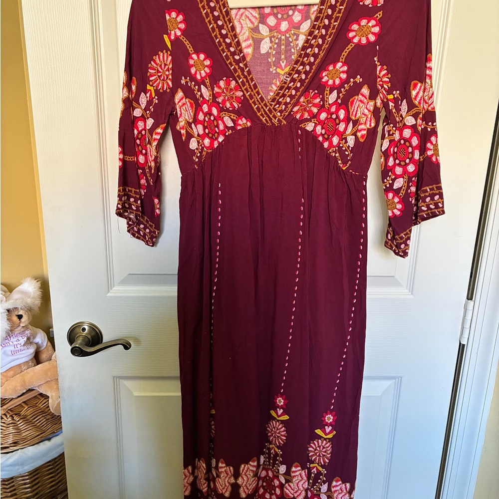 Soma Burgundy Maxi Dress with Pink & Orange Floral Embroidery